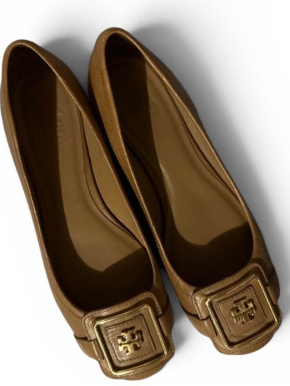 Tory Burch Tan Leather Flats with Gold Logo Buckle